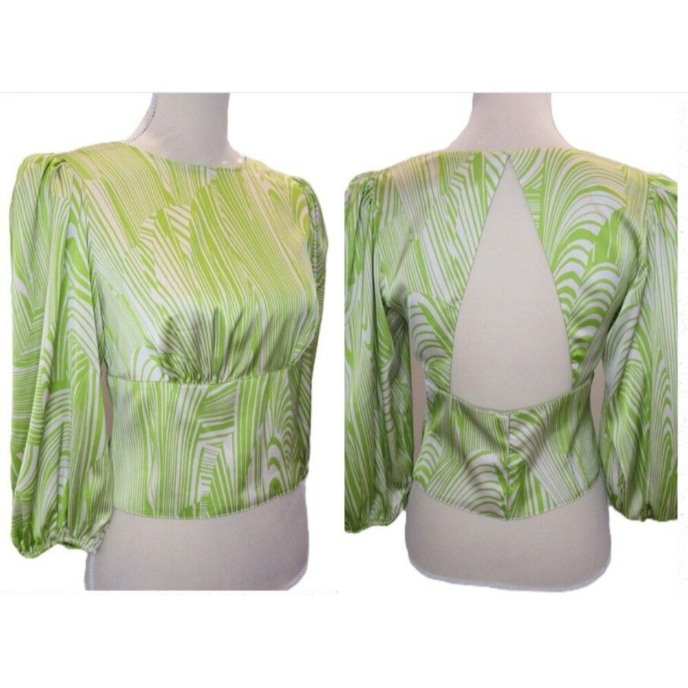 Green Swirl Print Blouse Open Back Balloon Sleeve Express Womens S Chic Party